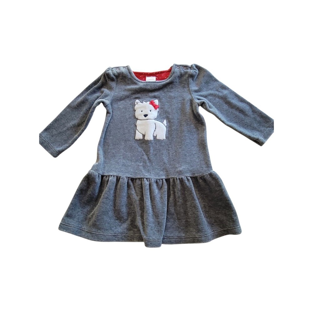 Girls Size 12-18 Months Gymboree Dress Gray Soft With White Puppy Long Sleeve